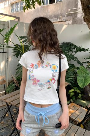 Korean Style Kitty Collar Printed Short Slim-Fit Cotton Short Sleeve Top for Sweet Girls