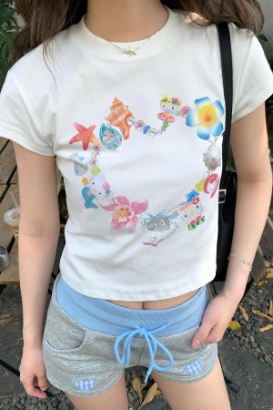 Korean Style Kitty Collar Printed Short Slim-Fit Cotton Short Sleeve Top for Sweet Girls