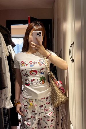 Korean Style Kitty Paradise Printed Short Sleeve Top - Fitted Slim Pure Cotton High-Stretch Sweet Girl Tee