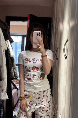 Korean Style Kitty Paradise Printed Short Sleeve Top - Fitted Slim Pure Cotton High-Stretch Sweet Girl Tee