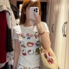 Korean Style Kitty Paradise Printed Short Sleeve Top - Fitted Slim Pure Cotton High-Stretch Sweet Girl Tee
