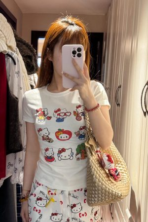Korean Style Kitty Paradise Printed Short Sleeve Top - Fitted Slim Pure Cotton High-Stretch Sweet Girl Tee
