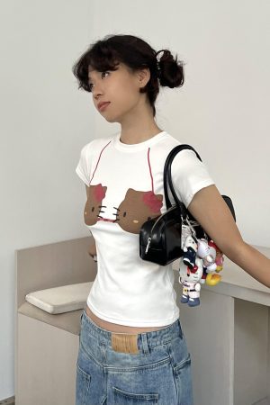 Korean Style Kitty-Themed Printed Short Sleeve Slim-Fit Cotton Top for Women - Sweet and Cool Age-Reducing Design