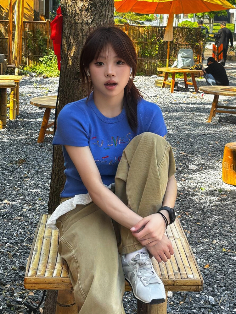 Korean Style Knitted Short Sleeve Slim Fit T-Shirt with Letter Embroidery - Blue Cropped College Style for Summer Korean Style Knitted Short Sleeve Slim Fit T-Shirt with Letter Embroidery - Blue Cropped College Style for Summer