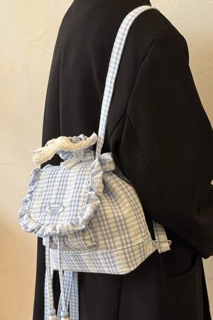 Korean-Style Lace Checkered Mini Backpack with Ruffles | 2025 New Double-Shoulder Fluffy Bag for Niche Fashion