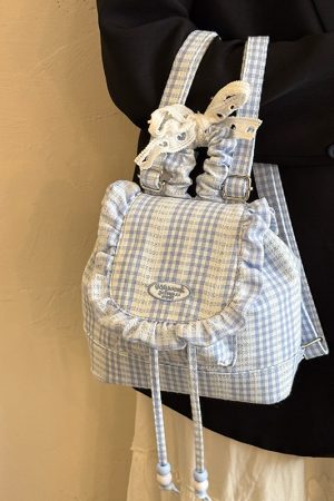 Korean-Style Lace Checkered Mini Backpack with Ruffles | 2025 New Double-Shoulder Fluffy Bag for Niche Fashion