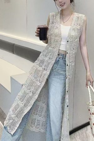 Korean-Style Lace Hollow Knitted Cardigan for Women - Vintage Versatile Long Vest Top for Vacation and Everyday Wear