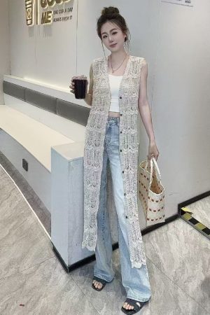 Korean-Style Lace Hollow Knitted Cardigan for Women - Vintage Versatile Long Vest Top for Vacation and Everyday Wear