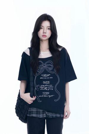 Korean-Style Lace Spliced Off-Shoulder Short Sleeve T-Shirt for Women â€“ Loose Fit, Sweet Design, Perfect for Casual Y2K Fashion