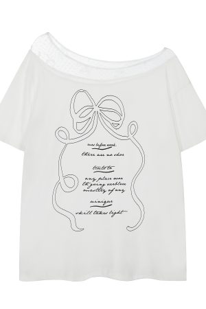 Korean-Style Lace Spliced Off-Shoulder Short Sleeve T-Shirt for Women â€“ Loose Fit, Sweet Design, Perfect for Casual Y2K Fashion