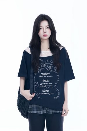 Korean-Style Lace Spliced Off-Shoulder Short Sleeve T-Shirt for Women â€“ Loose Fit, Sweet Design, Perfect for Casual Y2K Fashion