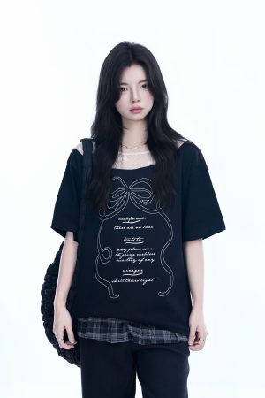 Korean-Style Lace Spliced Off-Shoulder Short Sleeve T-Shirt for Women â€“ Loose Fit, Sweet Design, Perfect for Casual Y2K Fashion