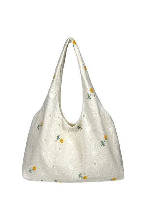 Korean-Style Large-Capacity Daisy Lace Flower Canvas Tote Bag for Women - Chic Commuting Underarm Shoulder Bag