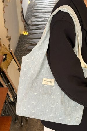 Korean Style Large Capacity Denim Canvas Tote Bag with Embroidery - Perfect Commuting Shoulder Bag for Students
