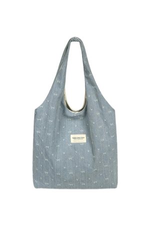 Korean Style Large Capacity Denim Canvas Tote Bag with Embroidery - Perfect Commuting Shoulder Bag for Students