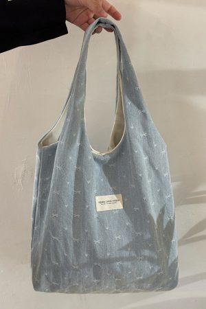 Korean Style Large Capacity Denim Canvas Tote Bag with Embroidery - Perfect Commuting Shoulder Bag for Students