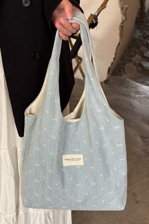 Korean Style Large Capacity Denim Canvas Tote Bag with Embroidery - Perfect Commuting Shoulder Bag for Students