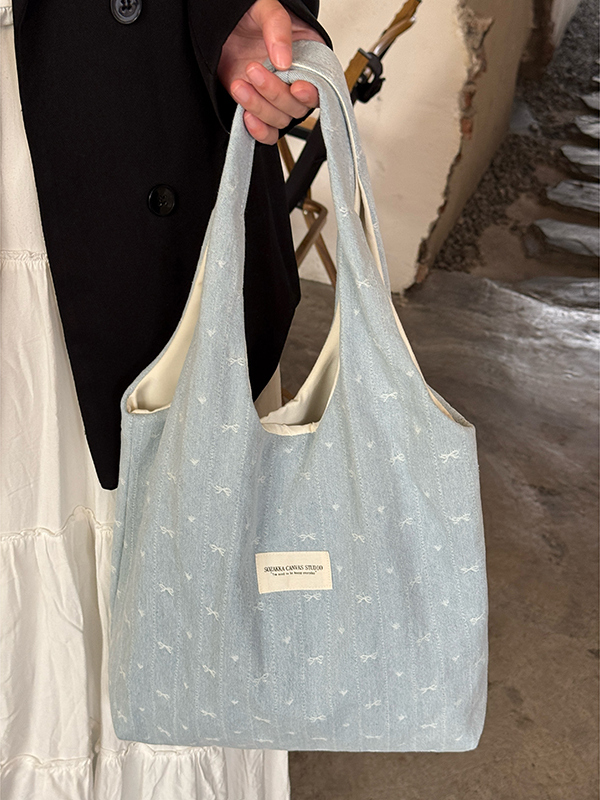 Korean Style Large Capacity Denim Canvas Tote Bag with Embroidery - Perfect Commuting Shoulder Bag for Students Korean Style Large Capacity Denim Canvas Tote Bag with Embroidery - Perfect Commuting Shoulder Bag for Students