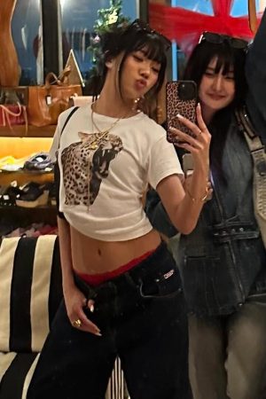 Korean Style Leopard Print Fitted Cotton Short Sleeve T-Shirt for Women - High Elastic Slim Fit, 25SS Trendy Fashion Essential