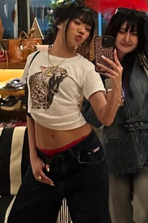 Korean Style Leopard Print Fitted Cotton Short Sleeve T-Shirt for Women - High Elastic Slim Fit, 25SS Trendy Fashion Essential