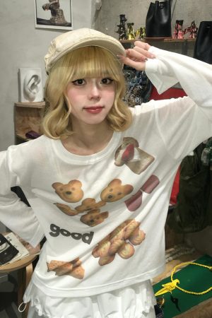 Korean Style Long Sleeve T-Shirt for Women - Spring Bear Dessert Print, Thin Sun Protection Cover-Up, Loose Casual Top