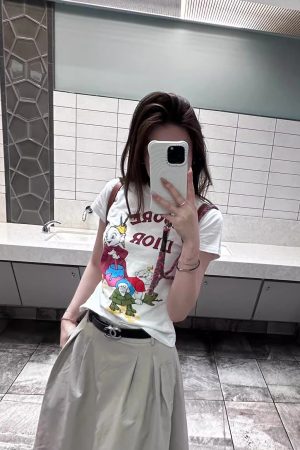 Korean Style Magical Witch Cartoon Print Short Sleeve Slim Fit High-Stretch Cotton T-Shirt for Women