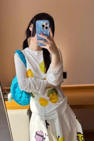 Korean Style Minimalist Clear Lemon Print Long Sleeve T-Shirt for Women - Casual Sun Protection Cotton Cover-Up