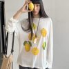 Korean Style Minimalist Clear Lemon Print Long Sleeve T-Shirt for Women - Casual Sun Protection Cotton Cover-Up