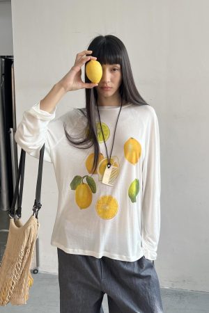 Korean Style Minimalist Clear Lemon Print Long Sleeve T-Shirt for Women - Casual Sun Protection Cotton Cover-Up