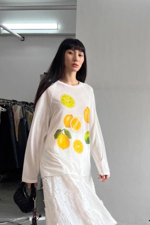 Korean Style Minimalist Clear Lemon Print Long Sleeve T-Shirt for Women - Casual Sun Protection Cotton Cover-Up