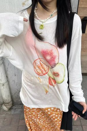 Korean Style Minimalist Fruit Slice Print Long Sleeve Sun Protection T-Shirt for Women - Lightweight Cotton Cover-Up
