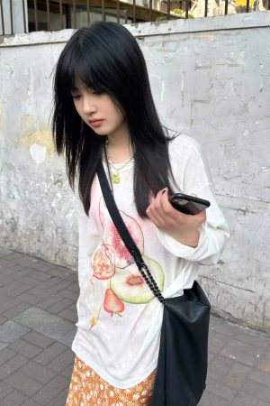 Korean Style Minimalist Fruit Slice Print Long Sleeve Sun Protection T-Shirt for Women - Lightweight Cotton Cover-Up