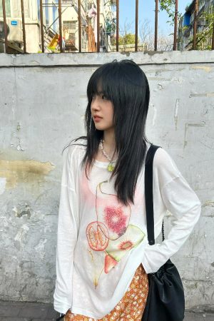 Korean Style Minimalist Fruit Slice Print Long Sleeve Sun Protection T-Shirt for Women - Lightweight Cotton Cover-Up