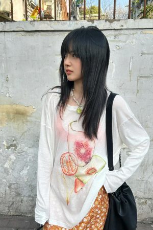 Korean Style Minimalist Fruit Slice Print Long Sleeve Sun Protection T-Shirt for Women - Lightweight Cotton Cover-Up