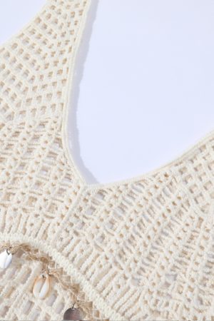 Korean-Style Minimalist Hollow Knit Cardigan and T-Shirt Two-Piece Set with Bohemian Fringe for Vacation Style