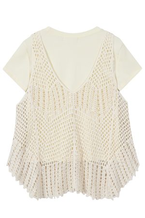 Korean-Style Minimalist Hollow Knit Cardigan and T-Shirt Two-Piece Set with Bohemian Fringe for Vacation Style