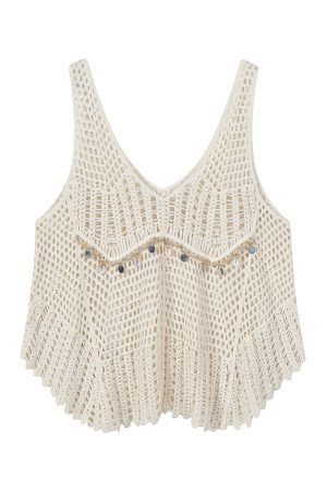 Korean-Style Minimalist Hollow Knit Cardigan and T-Shirt Two-Piece Set with Bohemian Fringe for Vacation Style