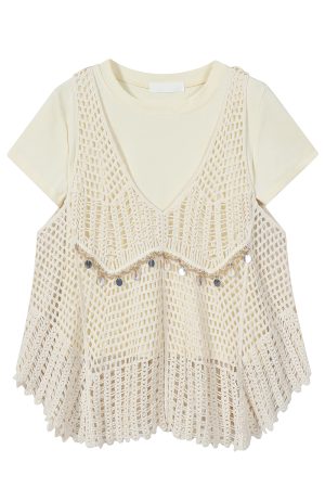 Korean-Style Minimalist Hollow Knit Cardigan and T-Shirt Two-Piece Set with Bohemian Fringe for Vacation Style
