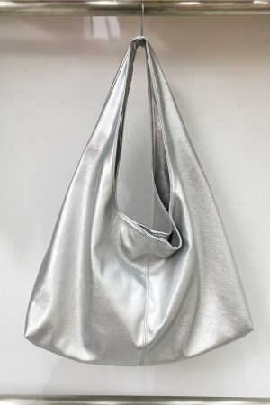 Korean Style Minimalist Large Capacity Tote Bag in High-Quality Silver Oil Wax Leather – Stylish Handheld Shoulder Bag for Everyday Use
