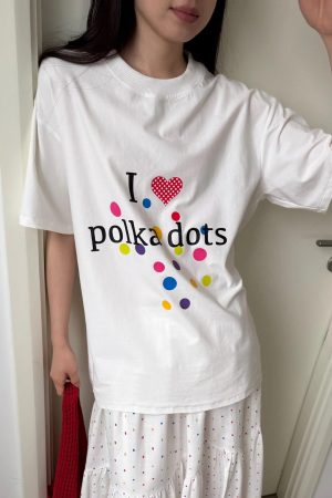 Korean Style Minimalist Polka Dot Color-Block Heart Print Short Sleeve Fitted Cotton T-Shirt for Women