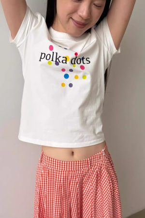 Korean Style Minimalist Polka Dot Color-Block Heart Print Short Sleeve Fitted Cotton T-Shirt for Women