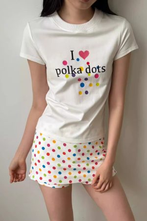 Korean Style Minimalist Polka Dot Color-Block Heart Print Short Sleeve Fitted Cotton T-Shirt for Women