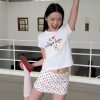 Korean Style Minimalist Polka Dot Color-Block Heart Print Short Sleeve Fitted Cotton T-Shirt for Women