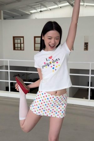 Korean Style Minimalist Polka Dot Color-Block Heart Print Short Sleeve Fitted Cotton T-Shirt for Women