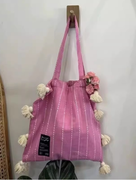 Korean-Style Multi-Color Tassel Shoulder Bag - Unique Artistic Striped Underarm Canvas Bag for Casual Outfits Korean-Style Multi-Color Tassel Shoulder Bag - Unique Artistic Striped Underarm Canvas Bag for Casual Outfits