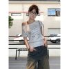 Korean Style Off-Shoulder Short Sleeve Summer Graffiti Print Split Hem Slim Fit Sexy T-Shirt - Trendy Women's Top