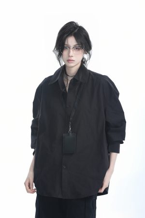 Korean Style Oversized Black Long Sleeve Shirt for Women - High-End Casual Autumn Top with Sit and Eat Until the Mountains Are Empty Design