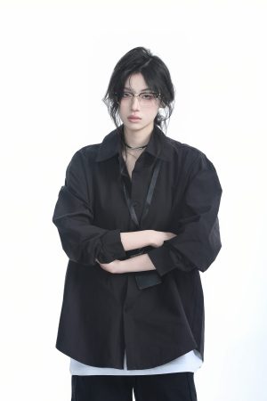 Korean Style Oversized Black Long Sleeve Shirt for Women - High-End Casual Autumn Top with Sit and Eat Until the Mountains Are Empty Design