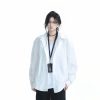 Korean Style Oversized Black Long Sleeve Shirt for Women - High-End Casual Autumn Top with Sit and Eat Until the Mountains Are Empty Design