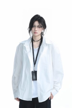 Korean Style Oversized Black Long Sleeve Shirt for Women - High-End Casual Autumn Top with Sit and Eat Until the Mountains Are Empty Design